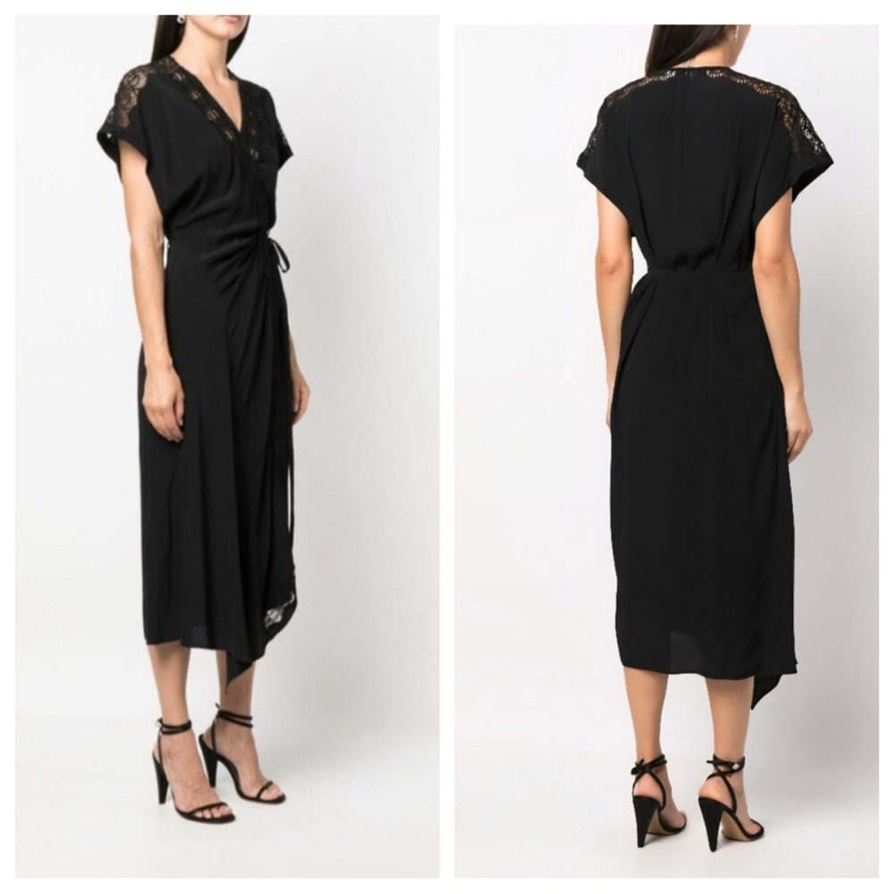 IRO Britta Black Wrap Lace Detail Midi Dress Size EUR 36 US 4 NWT